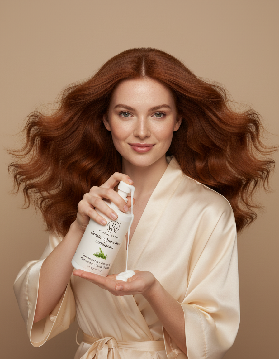 Red-haired model pumping conditioner onto palms