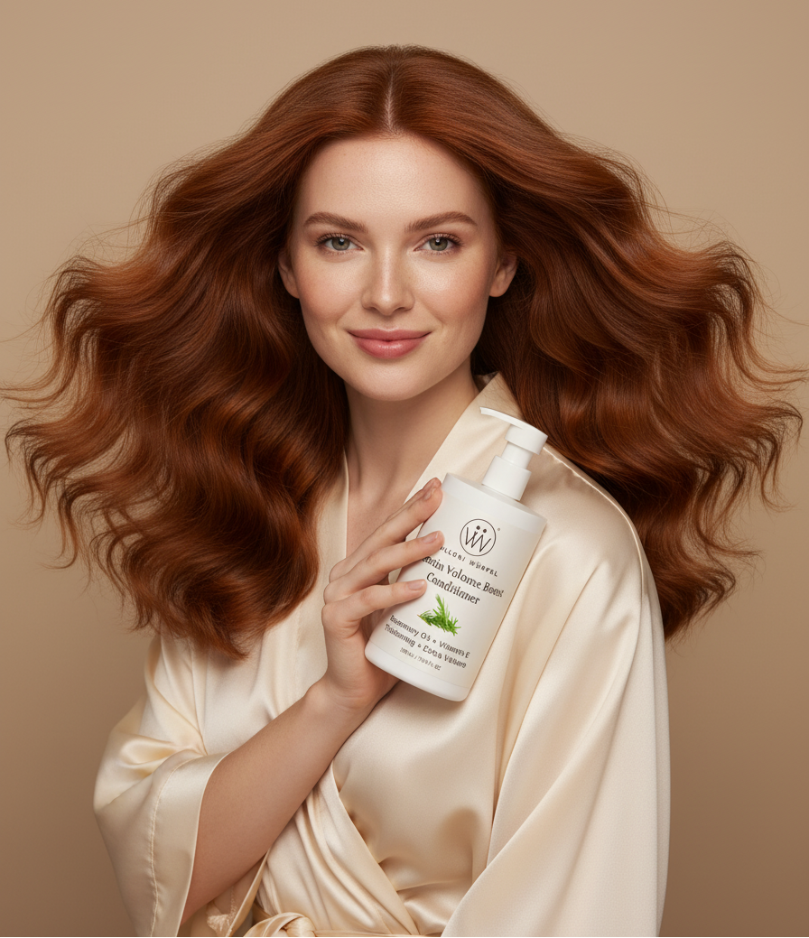 Red-haired model with blowout holding Keratin Volume Boost Conditioner