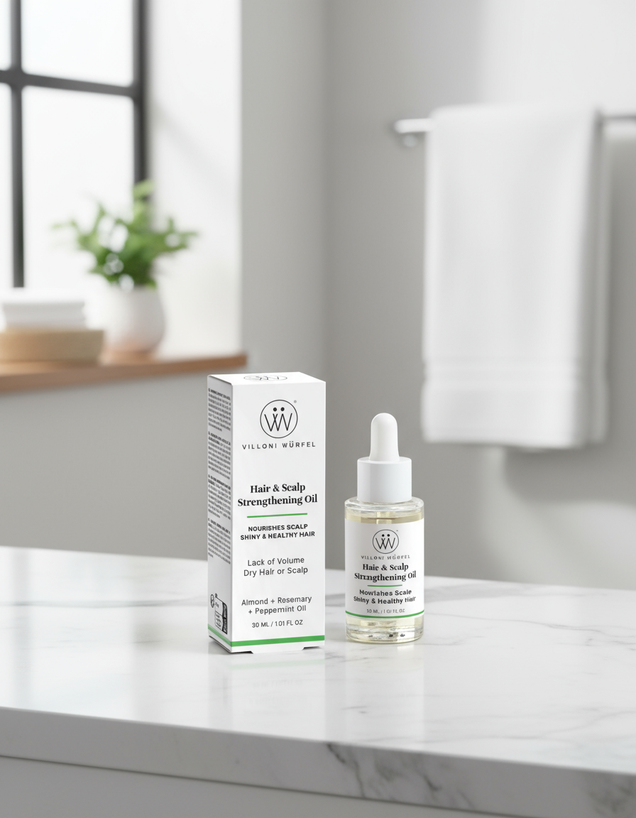 Rosemary Hair & Scalp Strengthening Oil close-up in bathroom