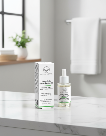 Rosemary Hair & Scalp Strengthening Oil close-up in bathroom