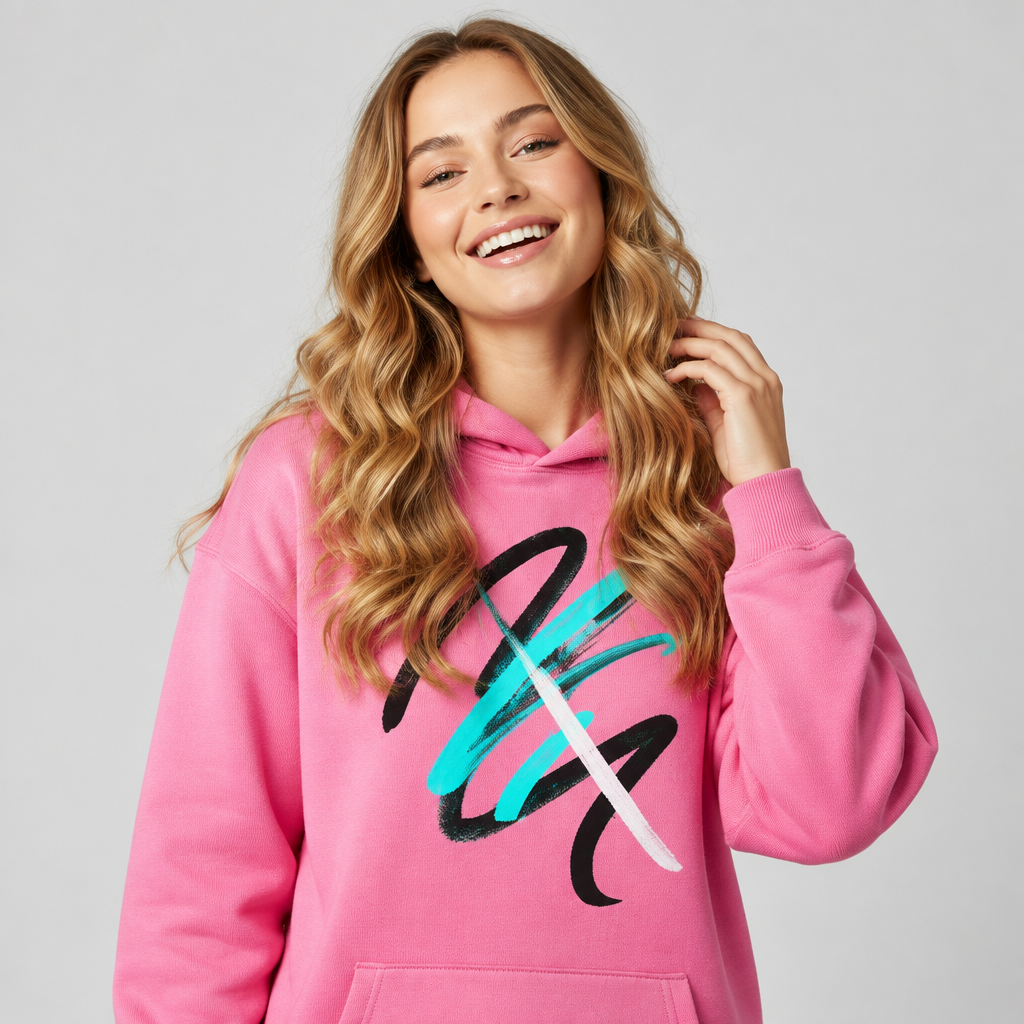Square close-up of the model in the pink graphic hoodie
