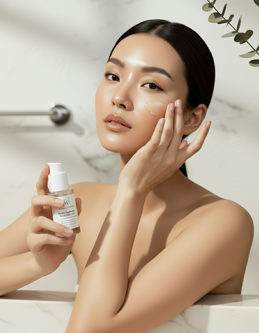 Woman Applying Double Hydration Boost Gel + HA in the Bathroom